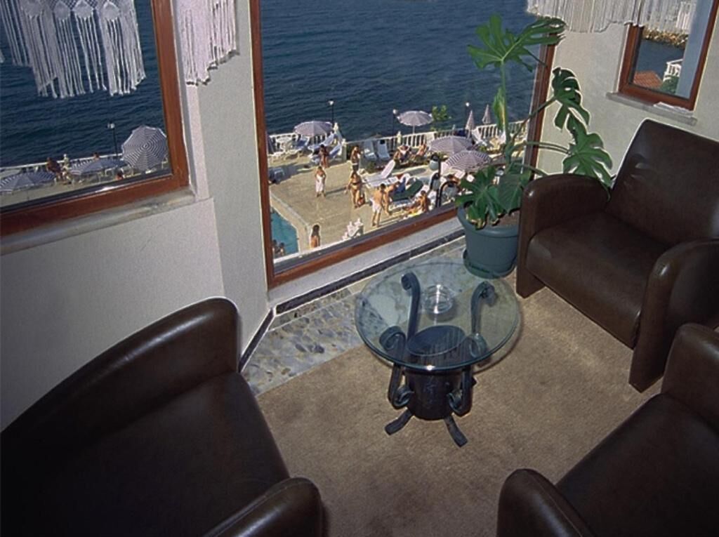 Una habitación con una mesa de vidrio, dos sillones de cuero, una planta en maceta y vistas a la playa y al océano a través de amplios ventanales.