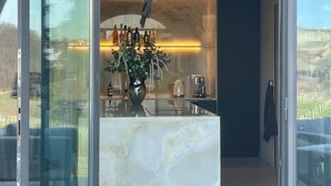 Un interior moderno con una puerta de cristal que da a una zona de bar con mostrador de mármol, una planta en maceta y una variedad de botellas.