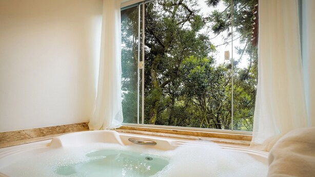 Una bañera con vista a árboles por una ventana.