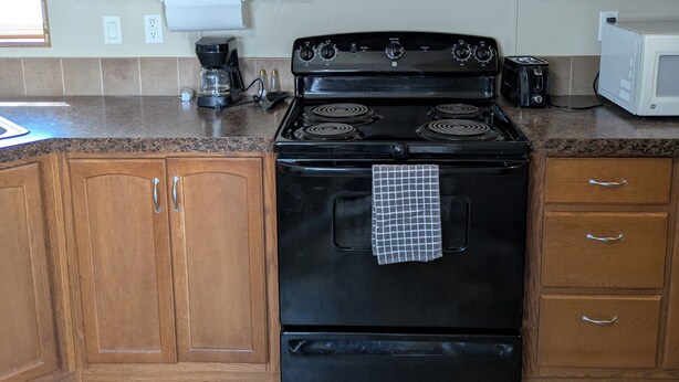 Une cuisine avec des meubles de rangement en bois, une cuisinière noire, un four à micro-ondes et un mur de fond en briques.
