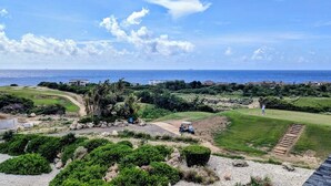 Un parcours de golf offrant une vue sur l’océan et un navire au loin.