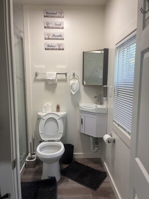 Een haardroger, handdoeken, zeep, toiletpapier