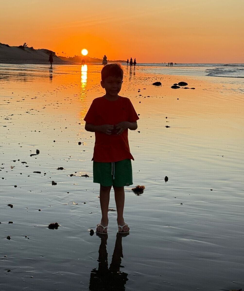 Cena de praia com pôr do sol, mostrando uma pessoa em primeiro plano.