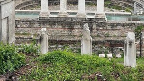 Ancient ruins with columns and a partially intact amphitheater, surrounded by modern buildings. - Dara House (Plovdiv)
