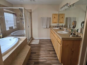 Jetted bath, hair dryer, bidet, towels