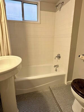 Hair dryer, towels, soap, shampoo