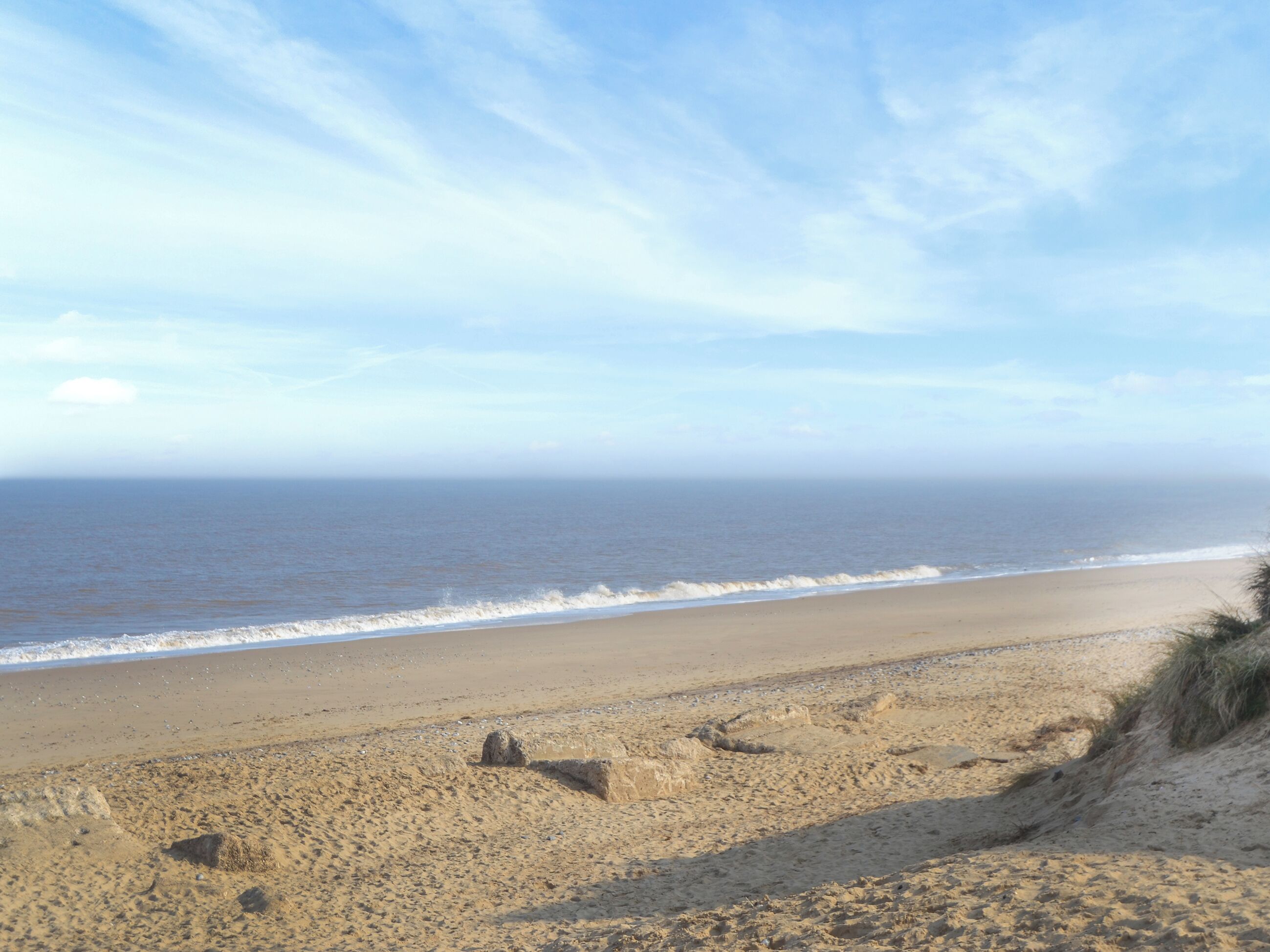 Een strand met duinen en de oceaan.