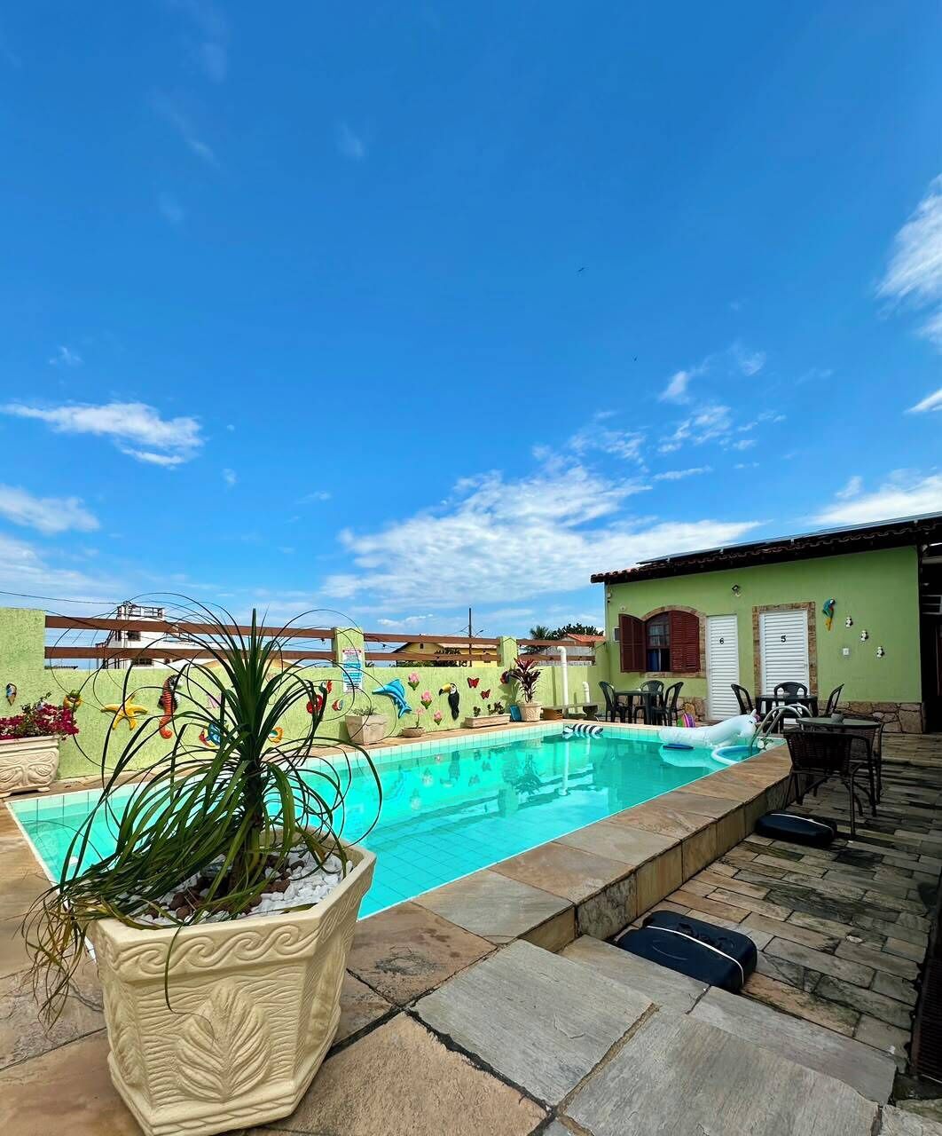 A swimming pool with a stone border, a potted plant, and outdoor furniture.