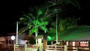Una entrada cerrada con palmeras y un edificio de techo verde.
