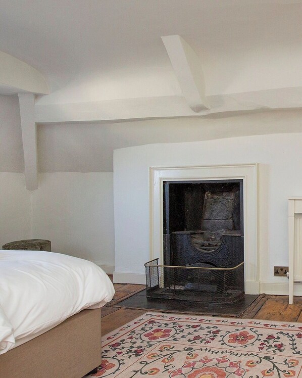 A bedroom with a bed, a fireplace, a patterned rug, and a white door.
