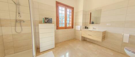 A modern bathroom with a shower, toilet, and sink.