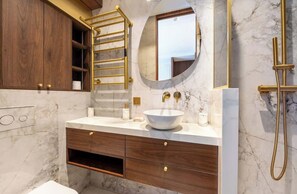 Shower, hair dryer, towels, shampoo