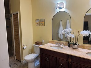 Shower, towels, soap, shampoo