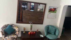 A living room with a large mirror, two chairs, a coffee table, and a small elephant figurine. - HOTEL SARAPE ESTADIO (Medellín)