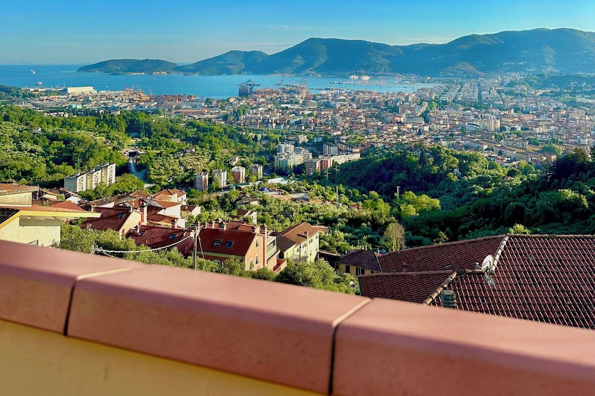 A cityscape with a view of the sea and mountains in the background.