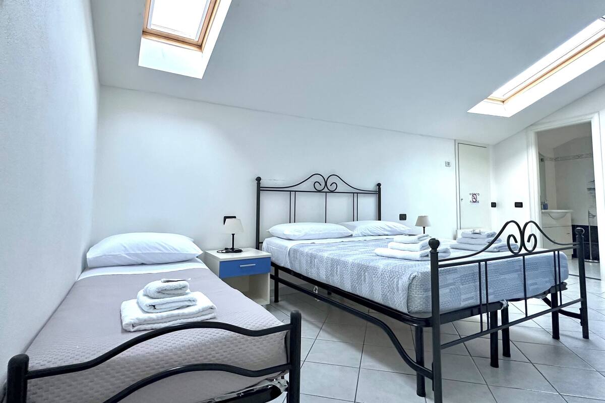 A bedroom with two beds, a skylight, a bathroom with a mirror, and a toilet.