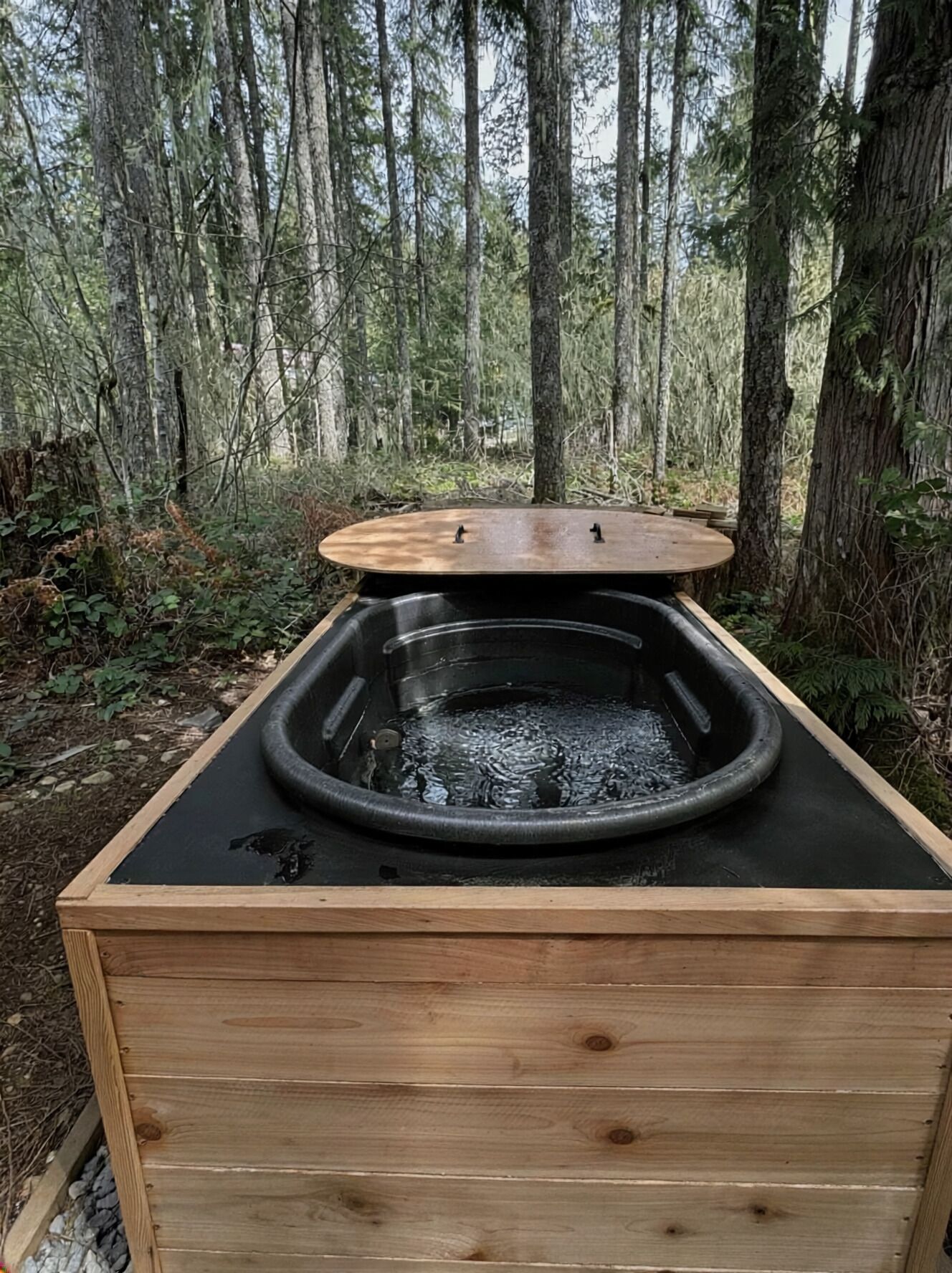 A hot tub in a forest setting.