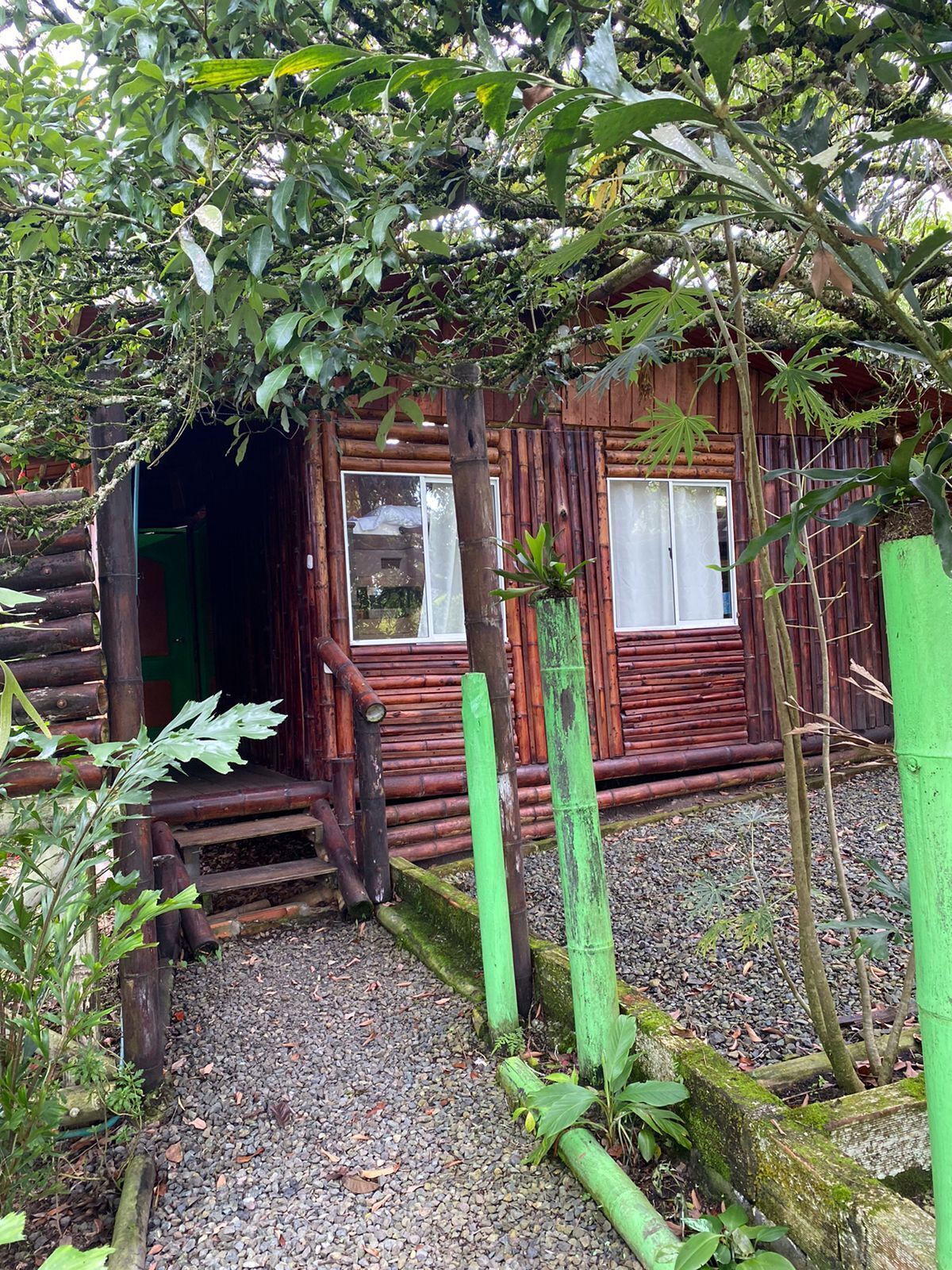 Un chalet rustique en bois, avec un chemin de gravier menant à l’entrée.