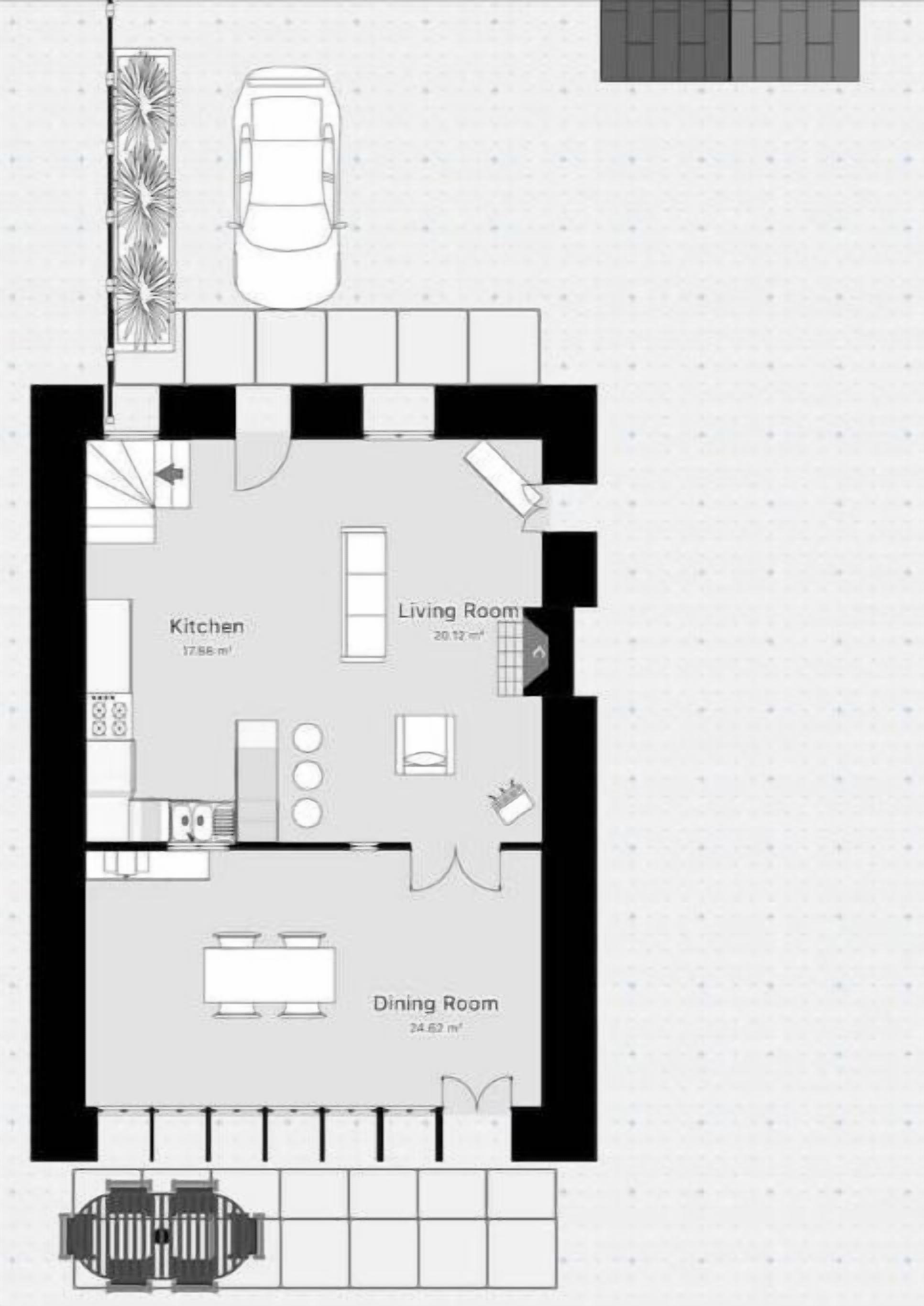Plano de un cuarto de hotel con cocina, sala de estar, comedor y un balcón con un coche.