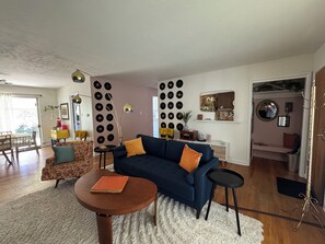 Smart TV, fireplace, foosball, books