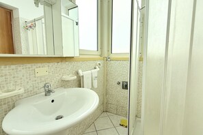 Een douche, een bidet, handdoeken