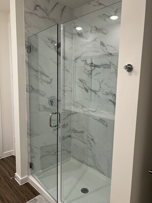 Shower, towels, soap, toilet paper