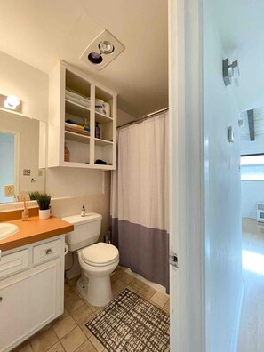 Hair dryer, towels, soap, toilet paper