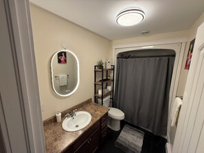 Hair dryer, towels, soap, toilet paper