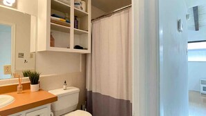 A bathroom with a toilet, sink, cabinet, shower curtain, and a small plant on the counter.