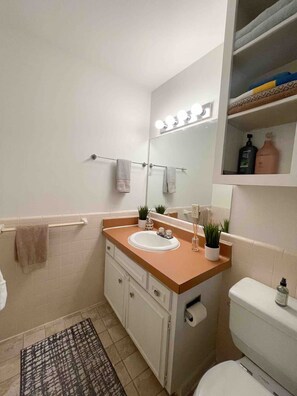 Hair dryer, towels, toilet paper