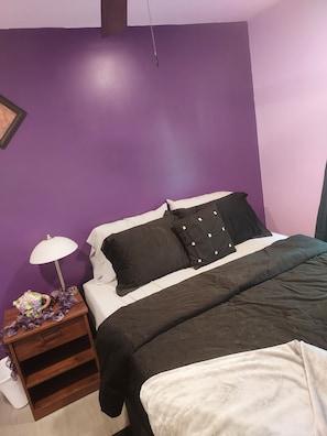 A bedroom with a bed, a nightstand, a lamp, and a purple wall. - Newly renovated 5 bedroom pet friendly house in Keuka NY. First floor ensuite (Keuka Park)