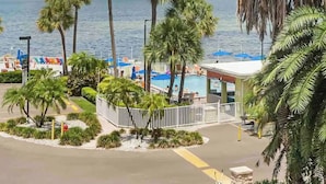 Un hotel frente a la playa con zona de piscina, palmeras y vistas al océano.