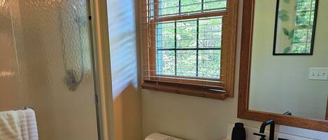 A bathroom with a shower, toilet, sink, and window with blinds.