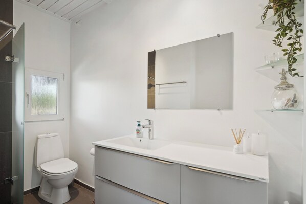 A modern bathroom with a white sink, mirror, and toilet. There are glass shelves with decorative items and a plant.