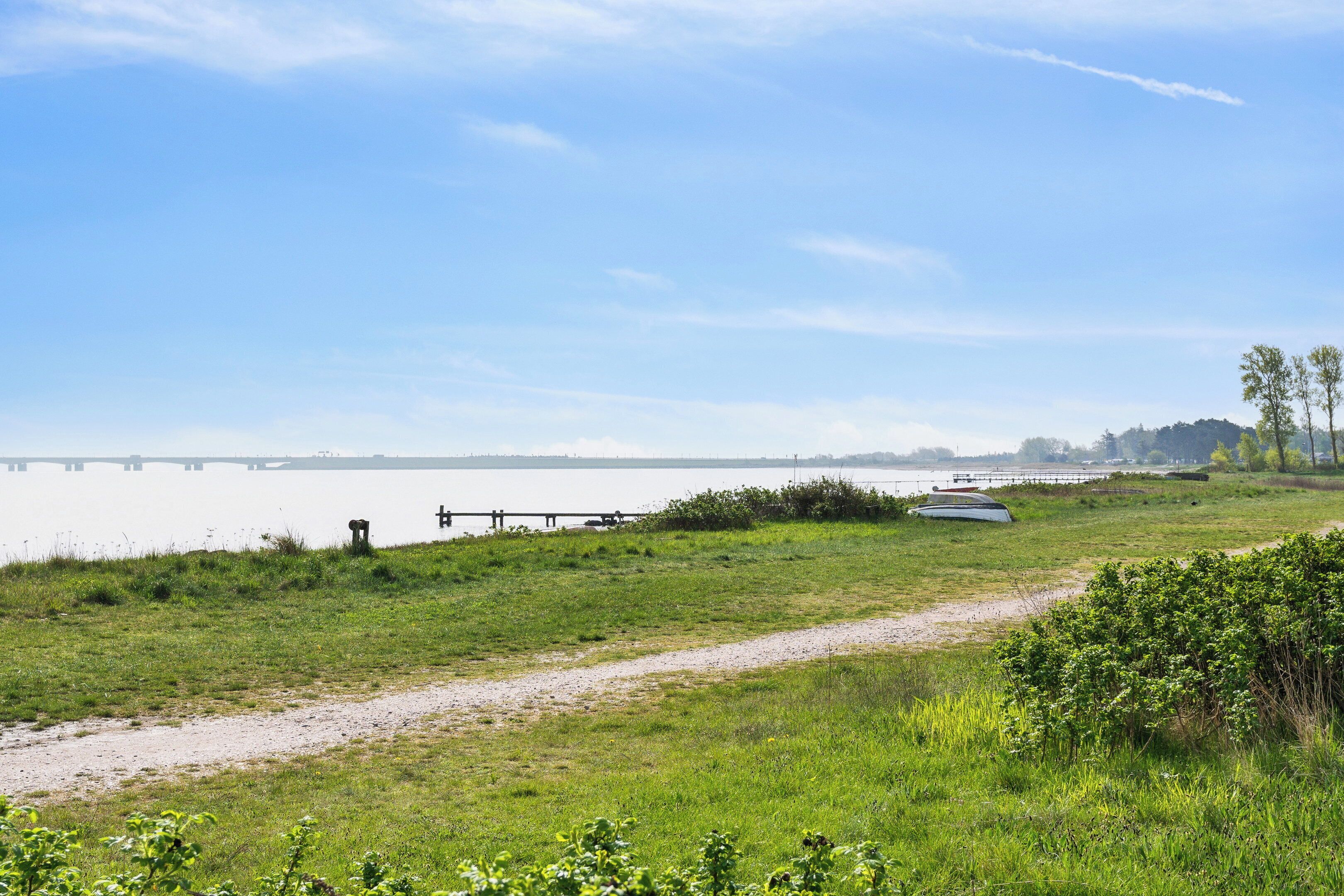 A grassy area with a path leading to a body of water, a bridge in the distance, and some vegetation.