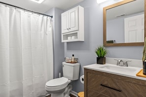 Hair dryer, towels, soap, toilet paper
