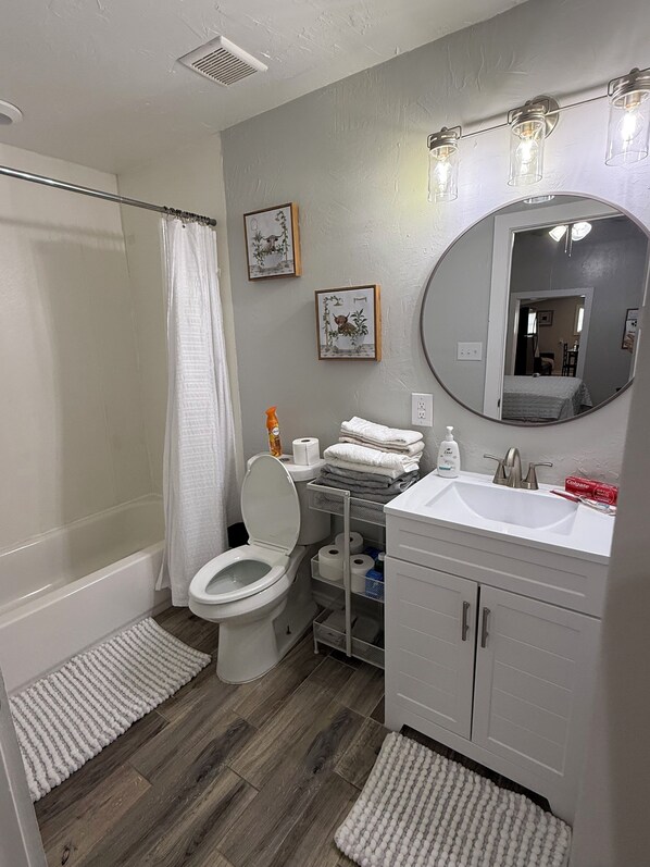 Hair dryer, towels, soap, toilet paper