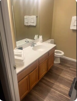 Hair dryer, bidet, towels, soap