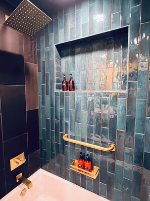Hair dryer, towels, soap, shampoo