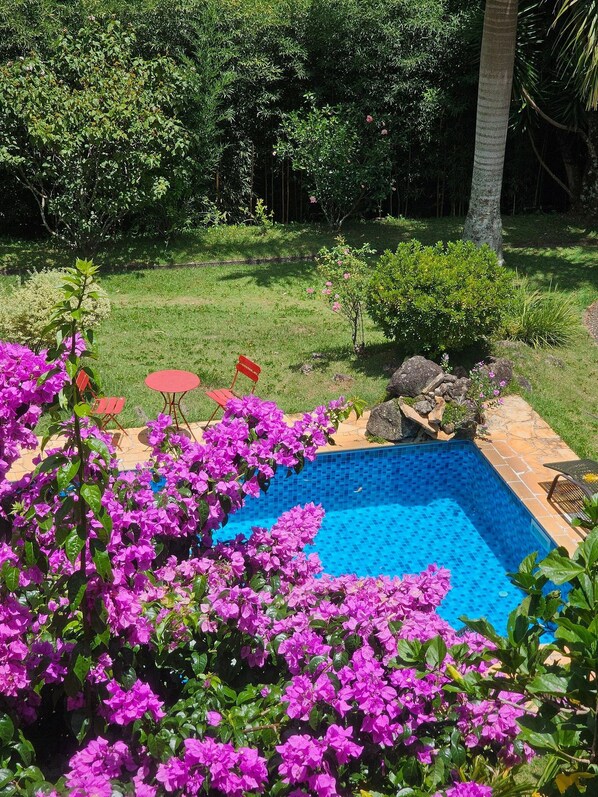 Piscina externa, guarda-sóis, espreguiçadeiras