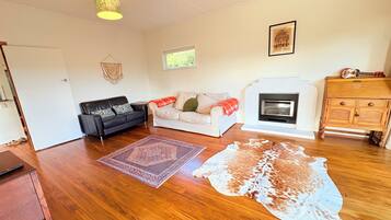 Smart TV, fireplace, table football, books
