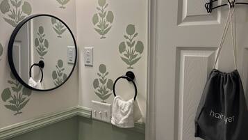 Hair dryer, towels, soap, toilet paper