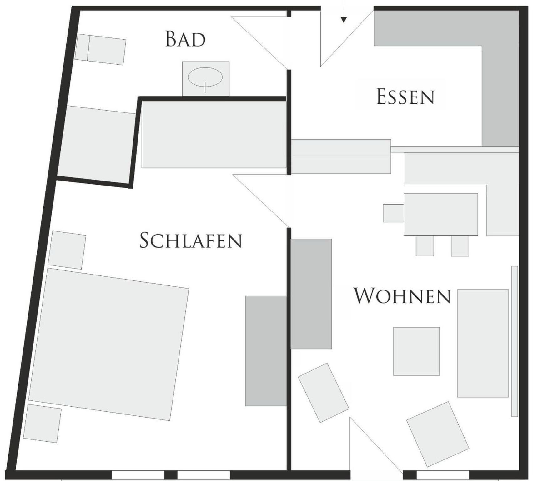 Planta baixa com quartos identificados: BAD, ESSEN, SCHLAFEN e WOHNEN.