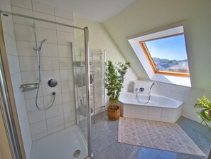 Shower, hair dryer, towels