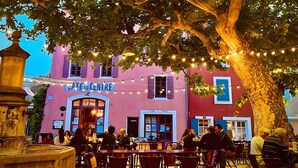 Un espace café en plein air avec des tables et des chaises sous un grand arbre, et en arrière-plan, un bâtiment rose sur lequel on peut lire l’inscription « CALE DU CLINTE ».