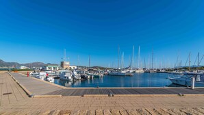 Un puerto deportivo con barcos amarrados a lo largo de un muelle de madera.