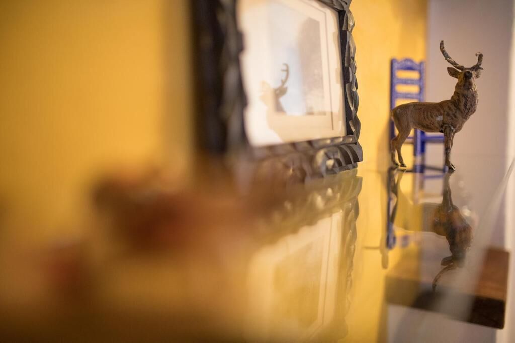 Una habitación con una mesa de vidrio que refleja una estatua de un ciervo y un cuadro enmarcado.