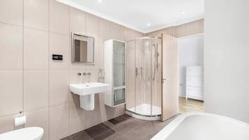 Shower, hair dryer, shampoo