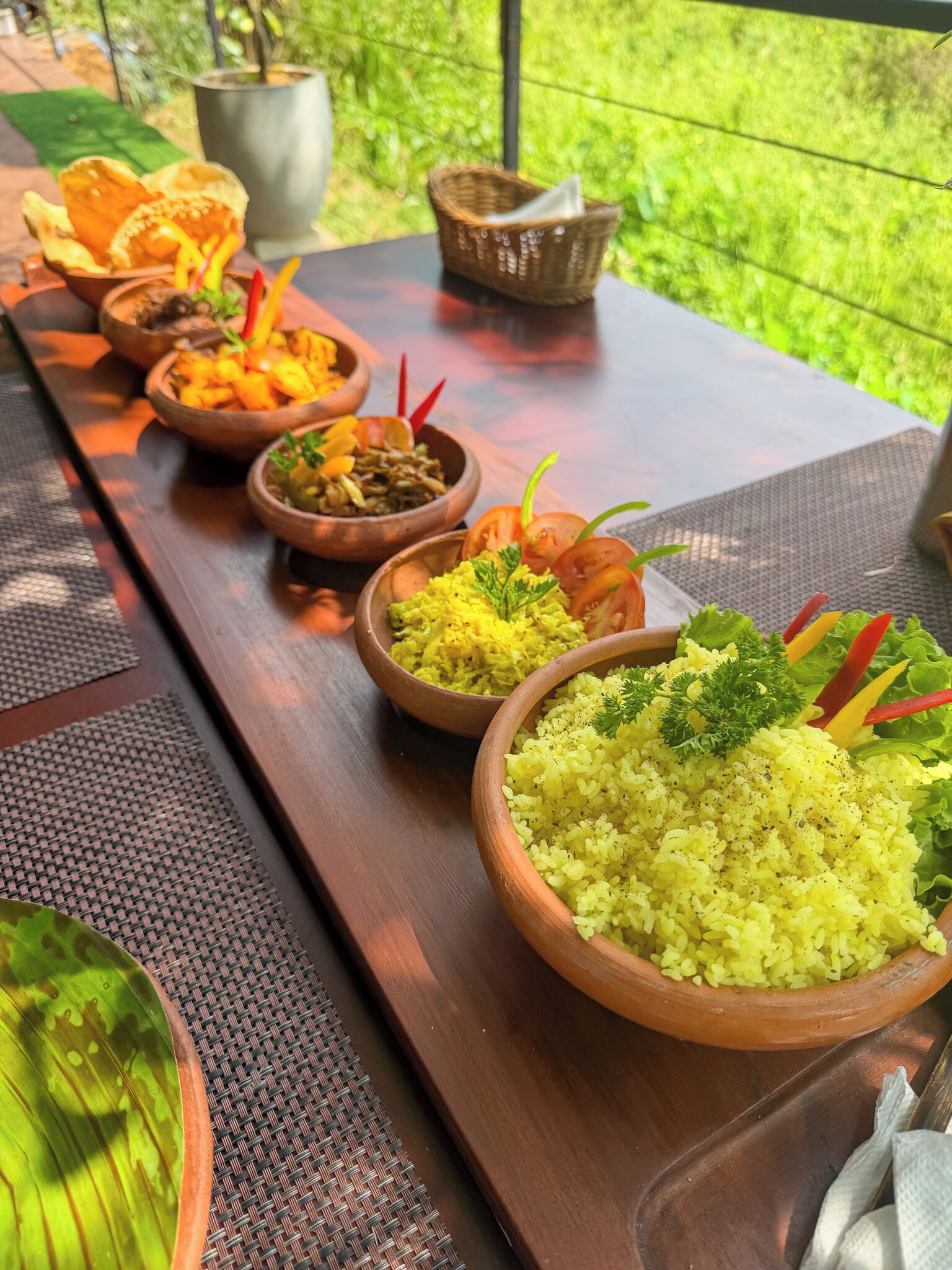 Une table dressée à l’extérieur, avec différents plats, notamment du riz, des légumes et, éventuellement, une salade, et offrant une vue sur la verdure.