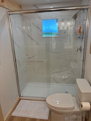 Shower, hair dryer, towels, soap